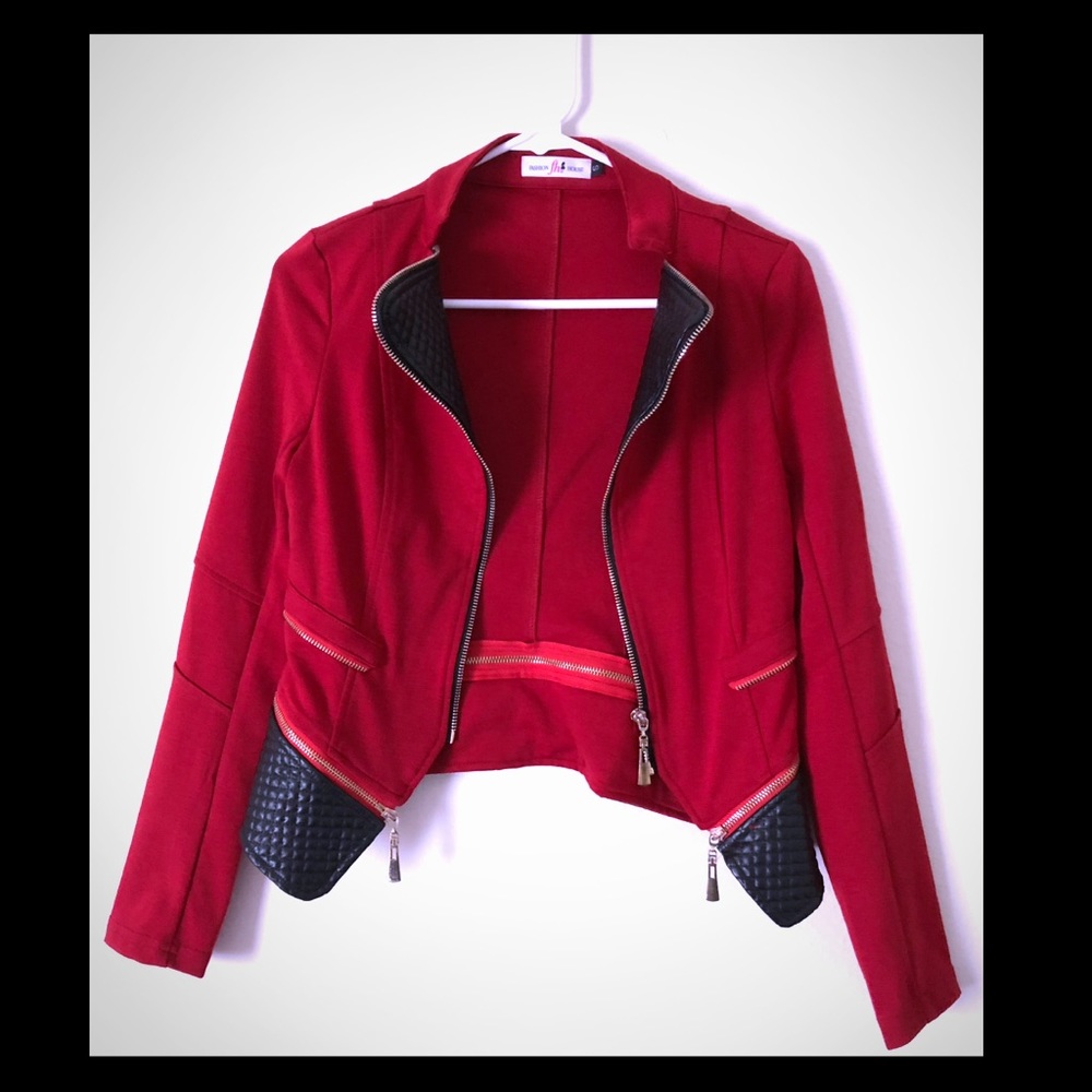 Red with leather collar zipper blazer